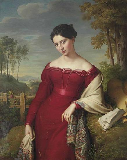 Eduard Friedrich Leybold Portrait of a young lady in a red dress with a paisley shawl oil painting picture